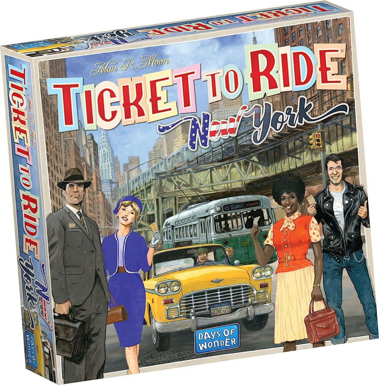 Ticket to Ride: New York game box featuring people, a taxi, a bus, and Manhattan buildings on the cover.