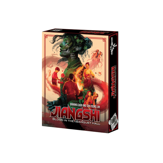 Jiangshi: Blood In The Banquet Hall Chinatown storytelling game with a ghostly figure and Chinese family on the cover.