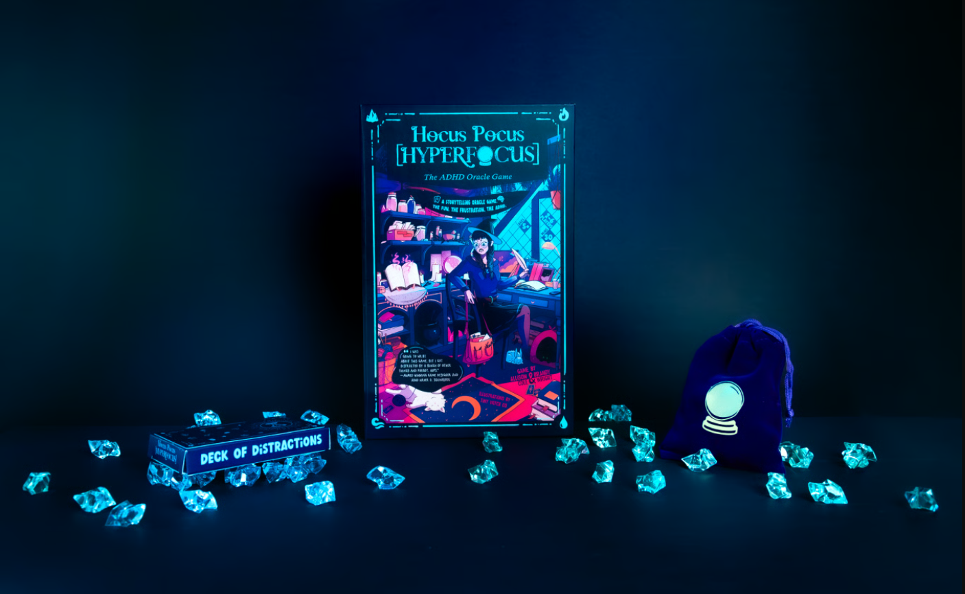 Hocus Pocus Hyperfocus card game and crystal ball bag set.