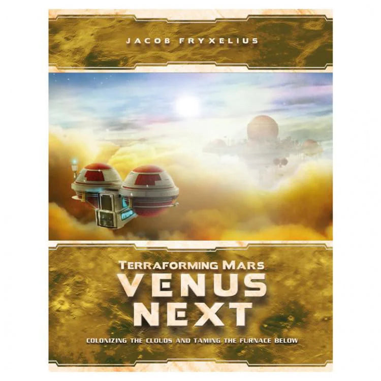Terraforming Mars: Venus Next Expansion box cover featuring floating structures above Venus’s yellow clouds.