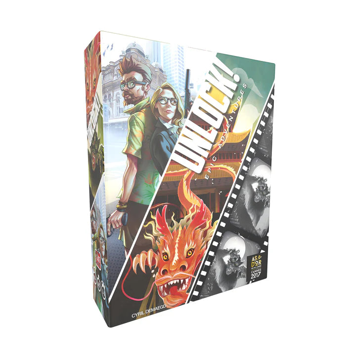 UNLOCK Epic Adventures escape room game box with a dragon illustration on the front.