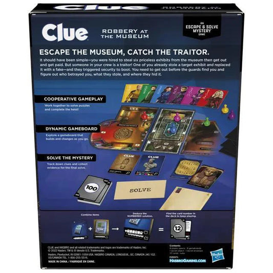 Back of Clue Robbery at the Museum Escape Room box showing board game and character tokens.