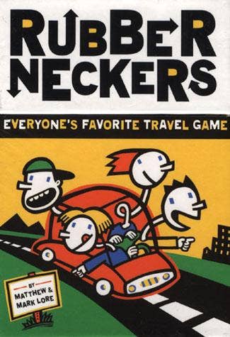 Rubberneckers family travel game, cover shows cartoon family in red car with title text.