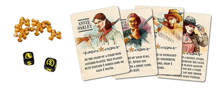Western Legends game components: four illustrated cards, two black dice, and yellow tokens on a light background.