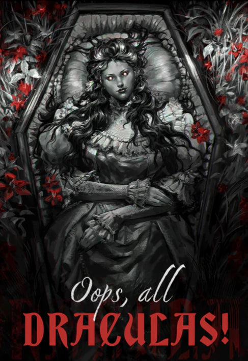 Oops, All Draculas roleplaying game cover featuring a pale vampire woman in a coffin with red flowers.