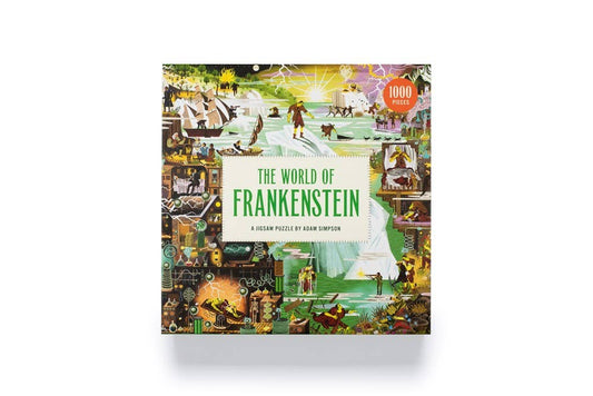The World of Frankenstein 1000 Piece Puzzle with illustrated gothic scenes by Adam Simpson in a box.