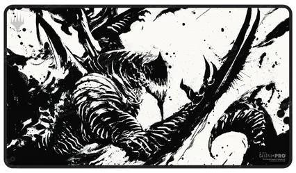 Urabrask Black Stitched Playmat (MOM) with black and white art of a horned armored warrior holding a sword.