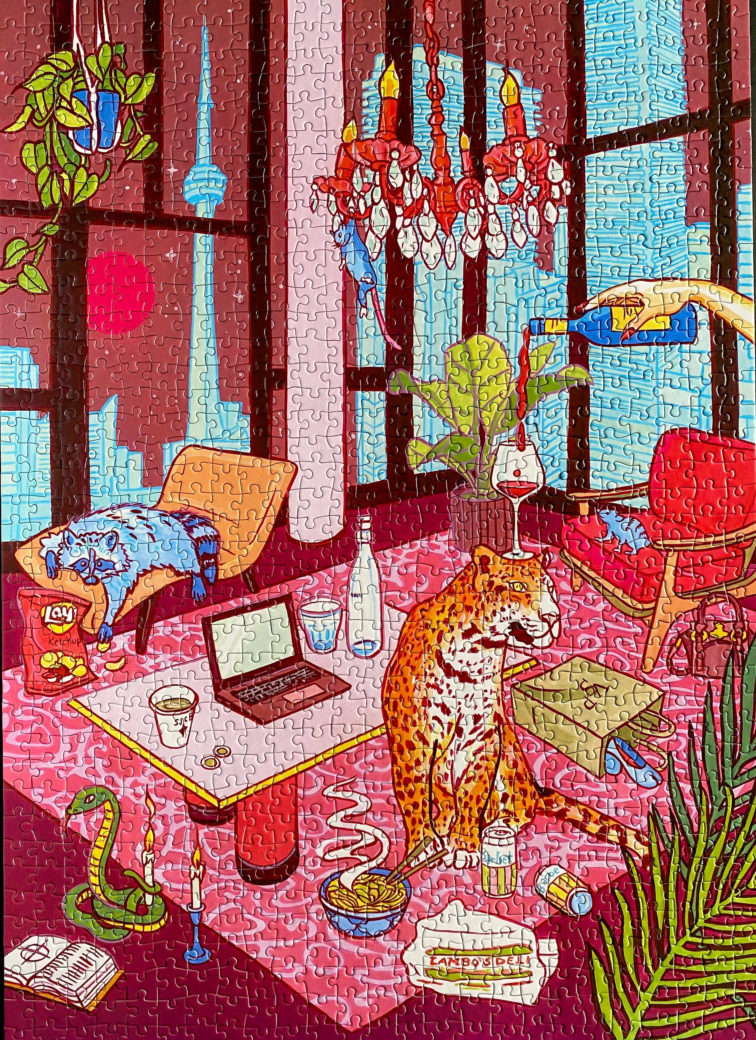 Just a Girl in Toronto 1000-piece puzzle with whimsical room, animals, plants, skyline. Art by Jules Monson. Matte finish.