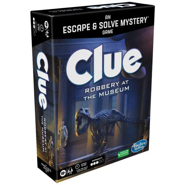 Clue Robbery at the Museum Escape Room game featuring a dinosaur skeleton and statues in a museum setting.