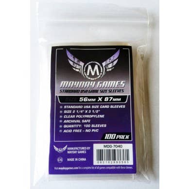 Standard USA Game Size Sleeves, 56mm x 87mm, pack of 100, in clear resealable bag.