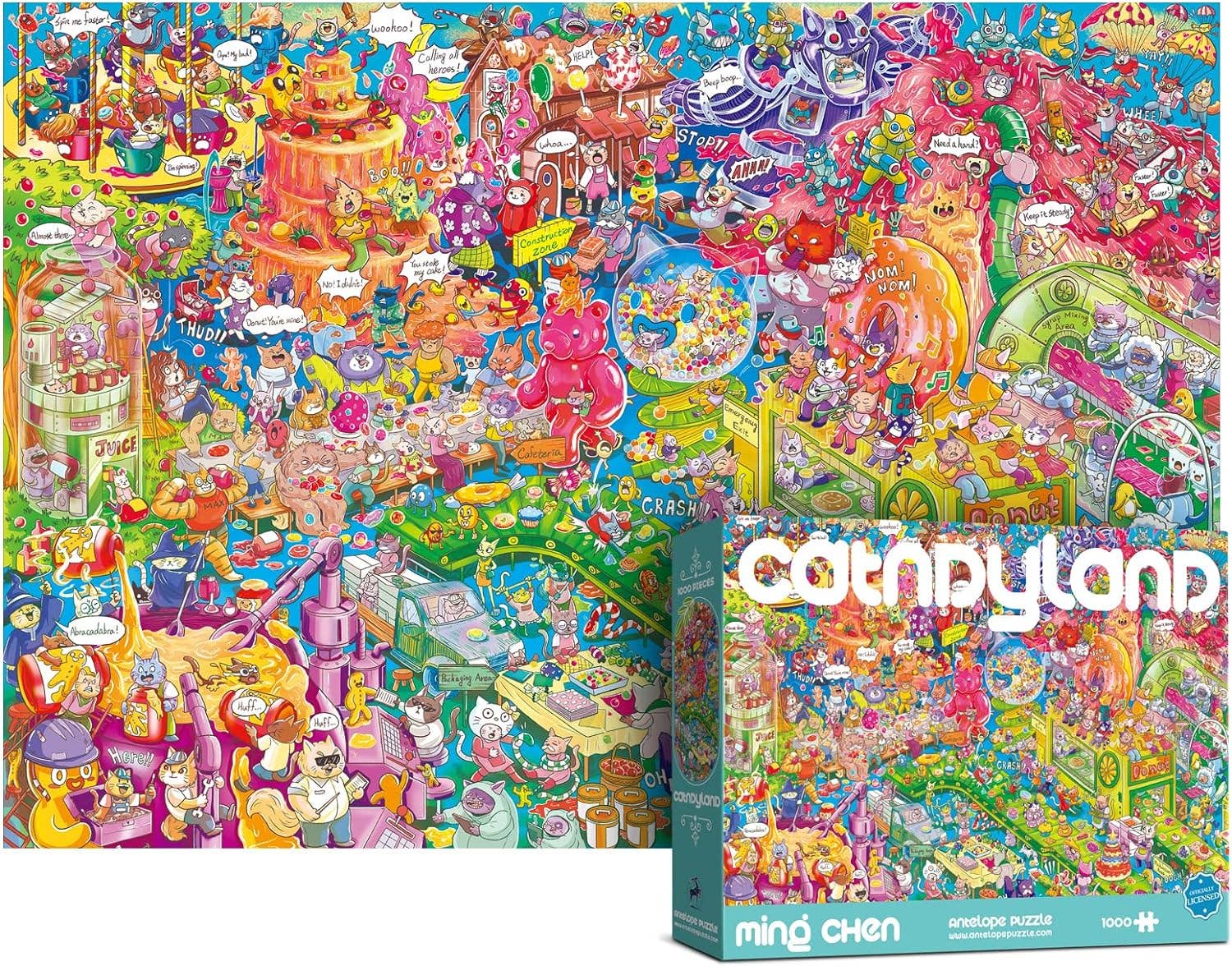 Catndyland 1000 Piece Jigsaw Puzzle with cartoon sweets, animals, and treats; box visible in foreground.