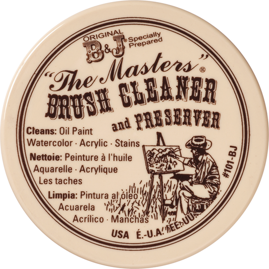 Round lid labeled The Masters Brush Cleaner 2.5 oz.
