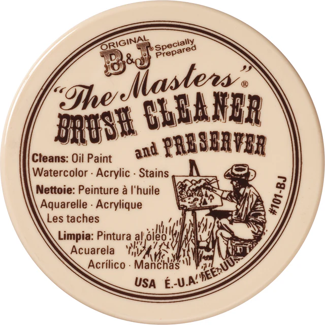 The Masters Brush Cleaner 2.5 oz lid with text listing compatible paint types.