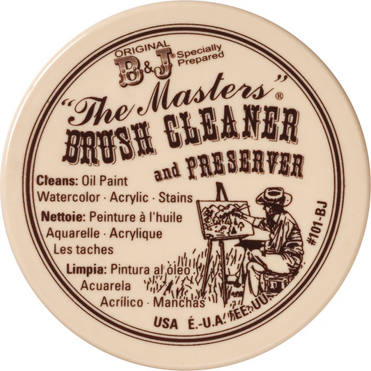 The Masters Brush Cleaner 2.5 oz lid with text listing compatible paint types.