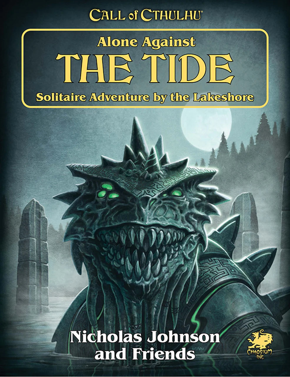 Call of Cthulhu: Alone Against the Tide solo scenario featuring a monstrous creature by a misty lake.
