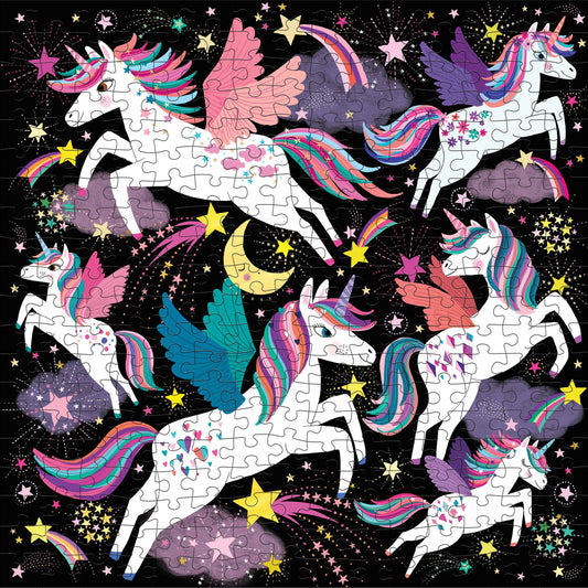 Unicorns Illuminated 300 Piece Glow in the Dark Puzzle with unicorns, stars, and rainbows.