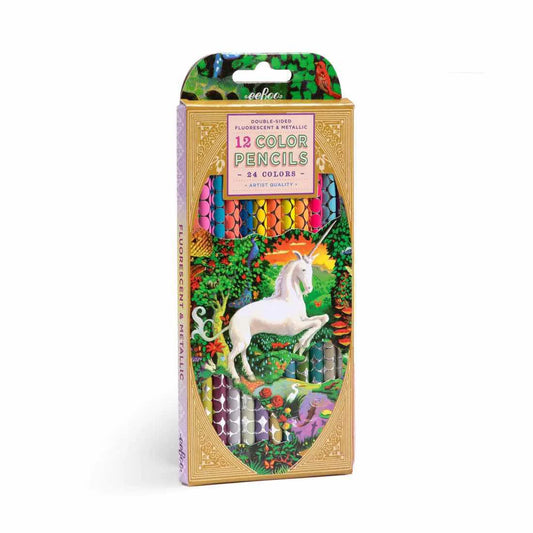 Unicorn Garden 12 double color pencils with fluorescent and metallic shades, unicorn and jungle design on packaging.