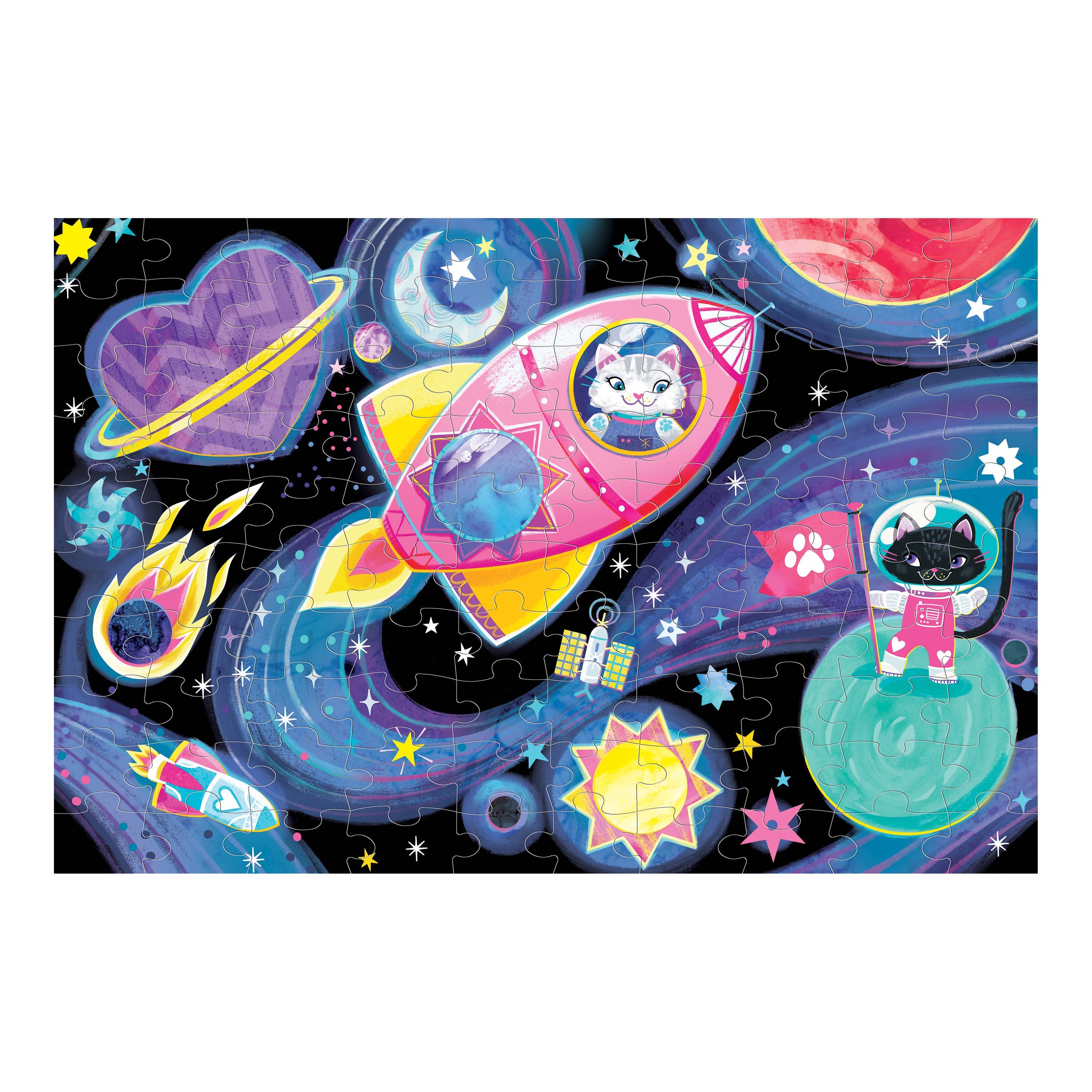 Cosmic Dreams 100 Piece Glow in the Dark Puzzle featuring cats, stars, and hearts.
