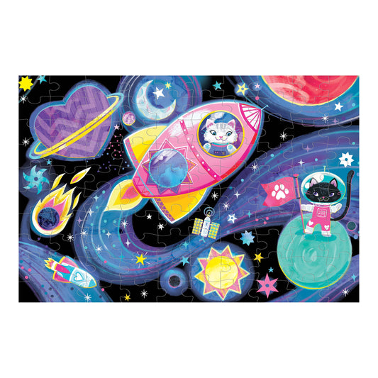 Cosmic Dreams 100 Piece Glow in the Dark Puzzle featuring cats, stars, and hearts.