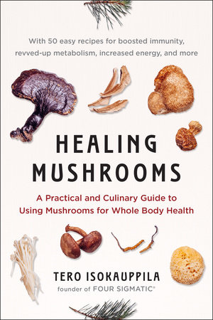 Healing Mushrooms book cover with adaptogenic mushrooms and subtitle on superfood health benefits.