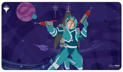 Space Beleren Playmat (UNF) for Magic the Gathering featuring a person in a teal spacesuit with ray guns, planets, and ships.