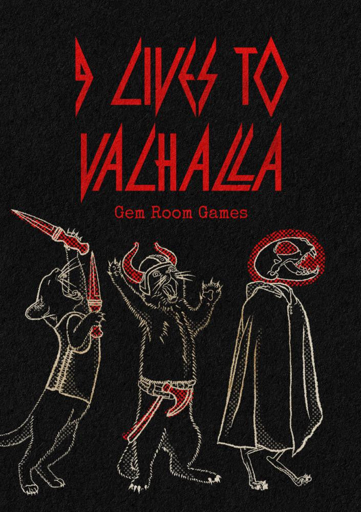 9 Lives to Vahalla roleplaying game featuring three viking cats with weapons in Norse attire under a bold red title.