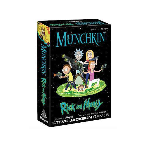 MUNCHKIN: RICK & MORTY board game with Adult Swim characters and green portal-themed design.