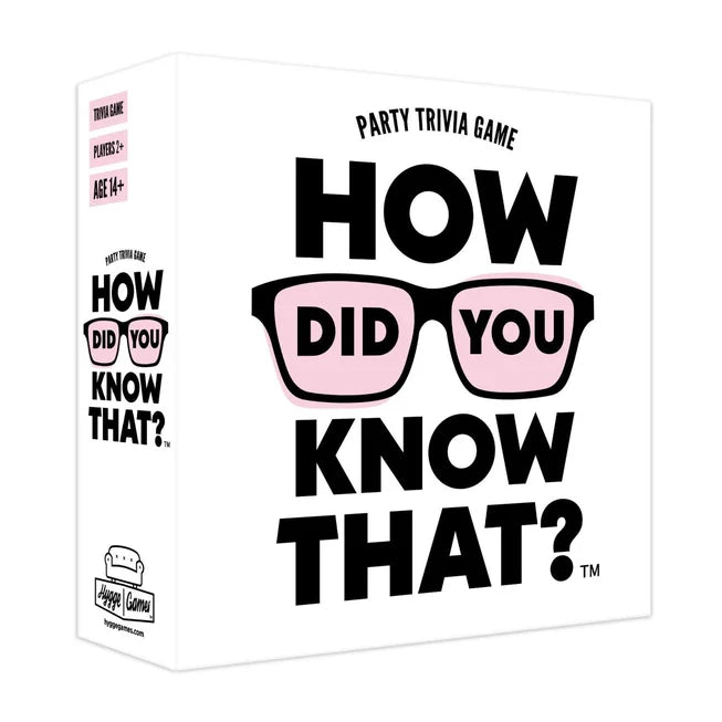How Did You Know That? family trivia game in a white box with black and pink text, includes glasses.