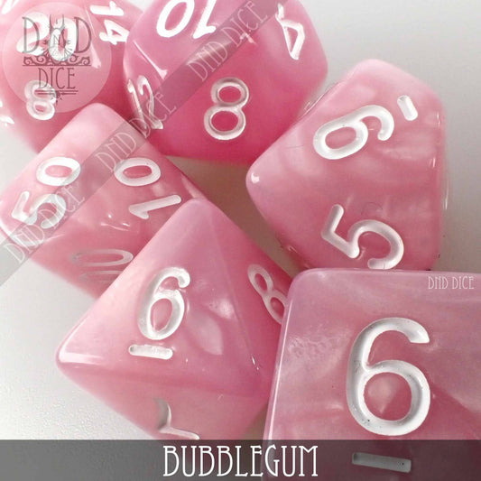 Pink acrylic Bubblegum role playing dice on a white background with Bubblegum text at the bottom.