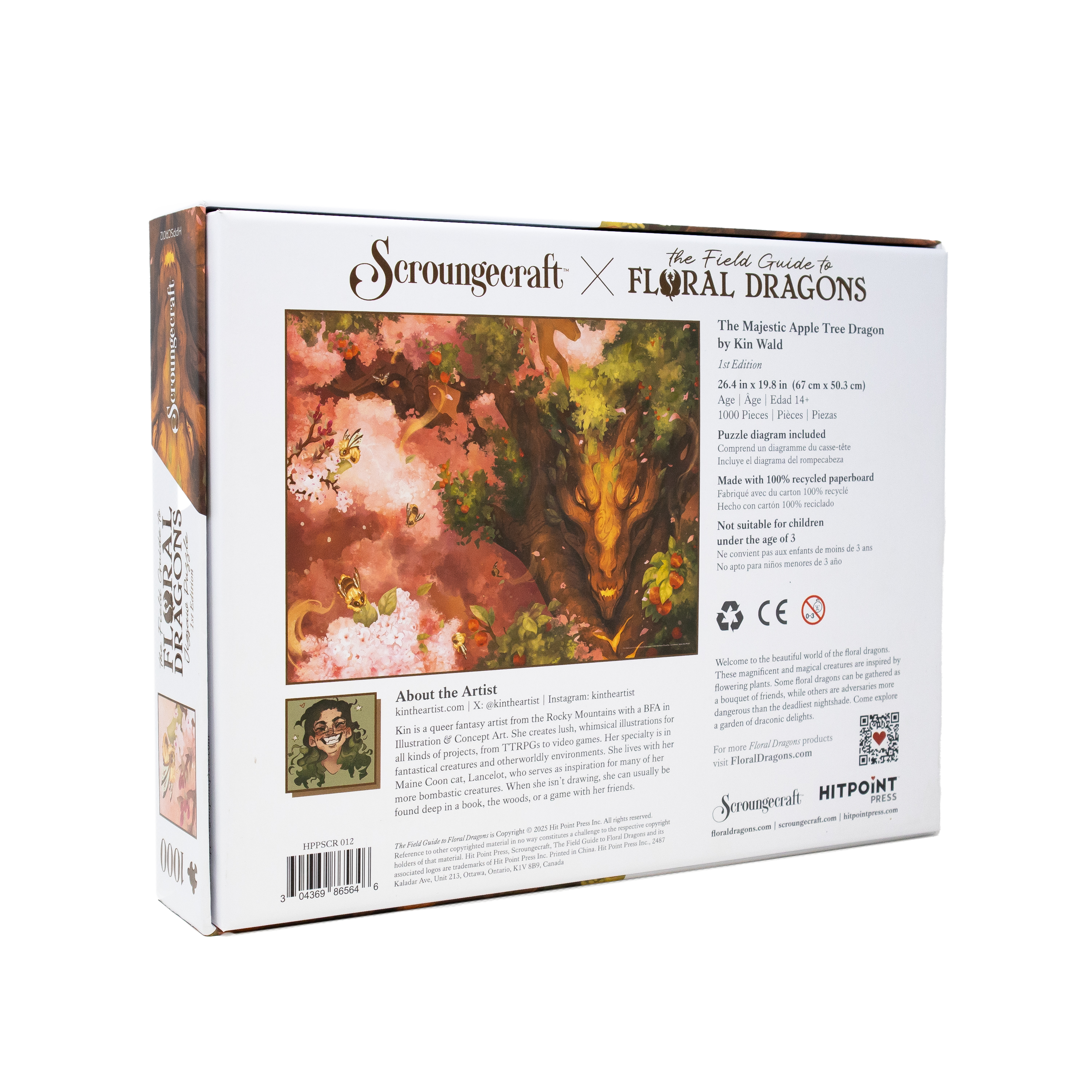 Back of The Field Guide to Floral Dragons: Apple Tree Dragon puzzle box with art, game info, and artist credit.