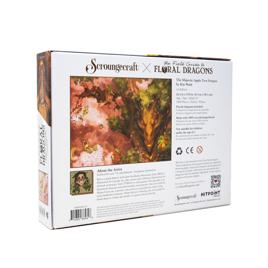 Back of The Field Guide to Floral Dragons: Apple Tree Dragon puzzle box with art, game info, and artist credit.