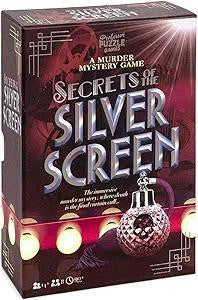 Secrets of the Silver Screen Murder Mystery party kit box with invitations included; film and disco-themed graphics.