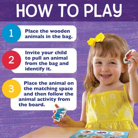 ERIC CARLE: Brown Bear Animal Bingo game with steps displayed on a purple background.