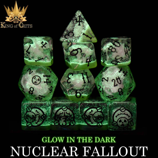 Nuclear Fallout 11 Dice Set (Glow): Green glow-in-the-dark polyhedral dice set.