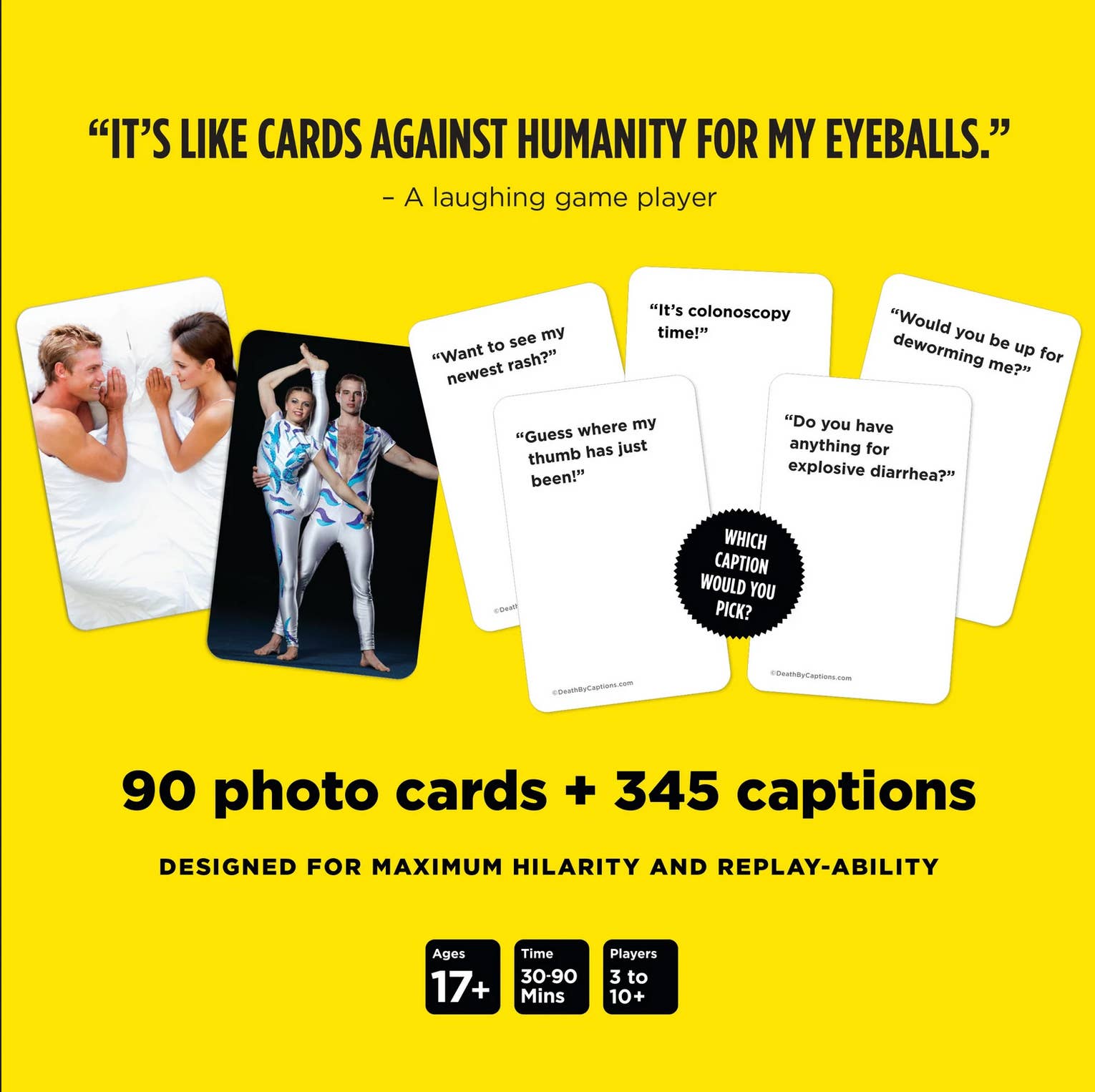 Death by Captions Party Game, 6 NSFW cards with humorous medical captions on bold yellow backgrounds.