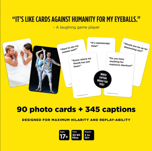 Death by Captions Party Game, 6 NSFW cards with humorous medical captions on bold yellow backgrounds.