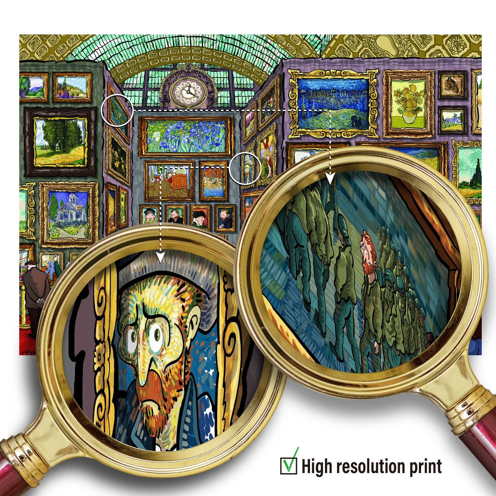Van Gogh’s Time Travel to Musée d’Orsay 1000 Piece Jigsaw Puzzle with detailed pieces shown up close.