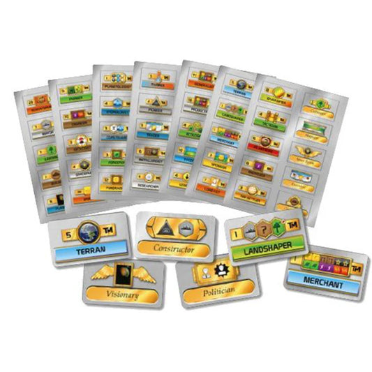 Terraforming Mars: Milestones and Awards expansion with tiles and cards showing milestones and gameplay icons.