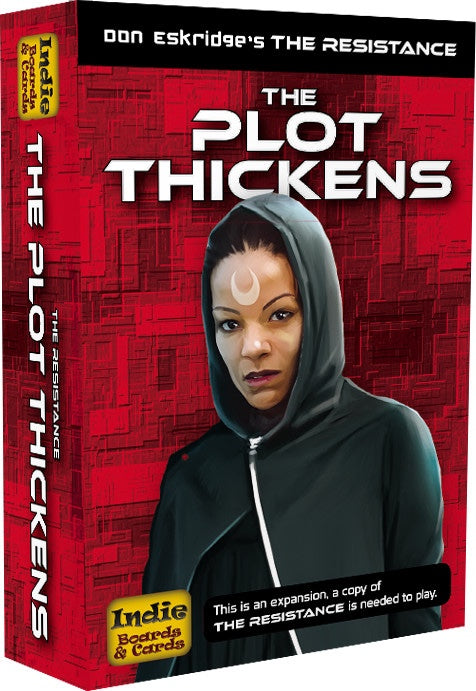 Box cover for The Resistance: The Plot Thickens with a woman and images of new Plot Cards.