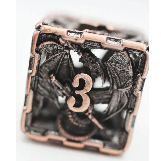 Copper Chained Dragon Hollow RPG Metal Dice Set with number 3, dragon, and sword details.