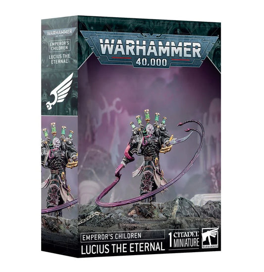 Warhammer 40,000 Emperors Children Lucius the Eternal box with painted model on front.