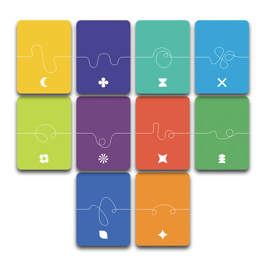 Ito card game with ten colorful number cards, each featuring a unique symbol and white squiggle.