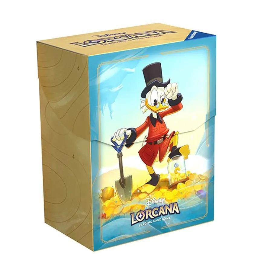 Scrooge McDuck Lorcana Deck Box, holds up to 80 sleeved cards, features Scrooge on gold coins.