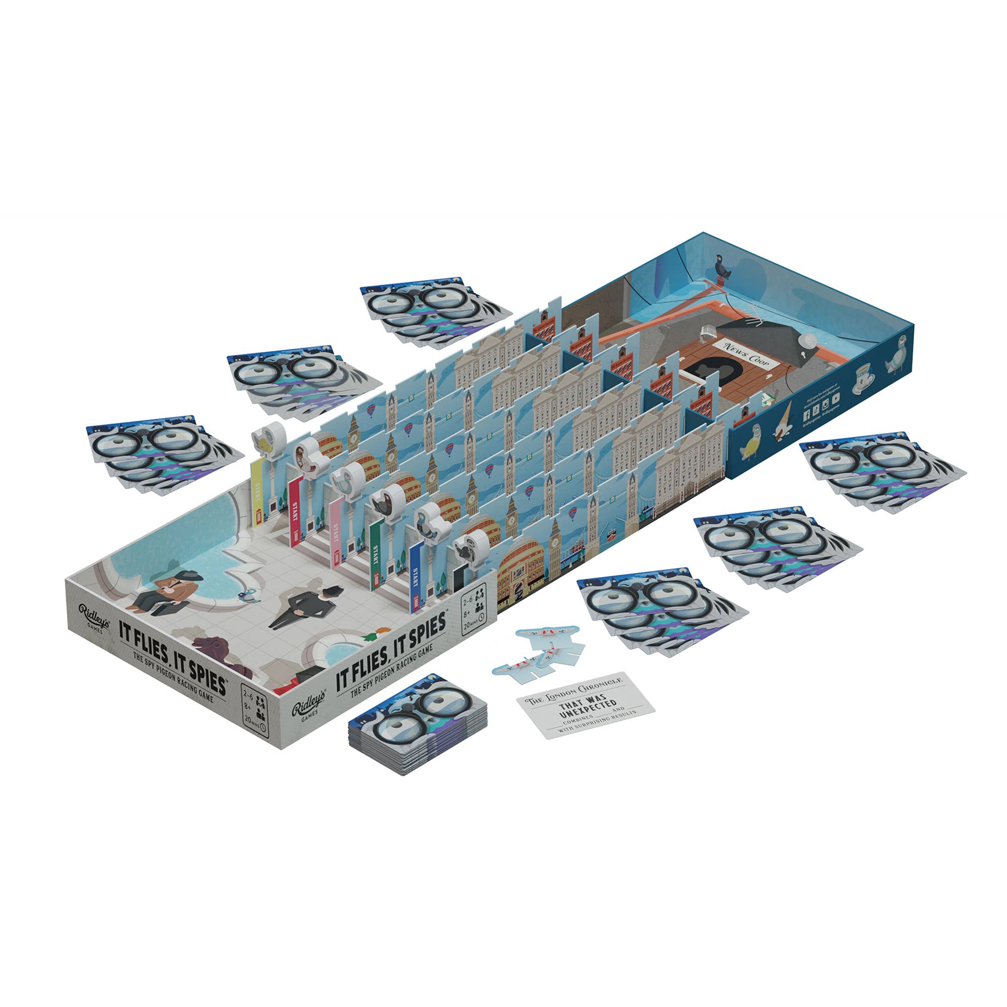 It Flies, It Spies board game with cards, tokens, and a long rectangular game board.