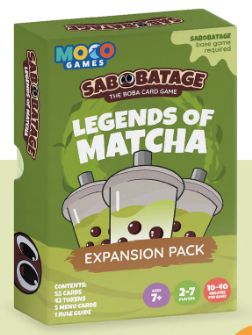 Sabobatage: Legends of Matcha Expansion Pack game box with cups of matcha bubble tea on the cover.