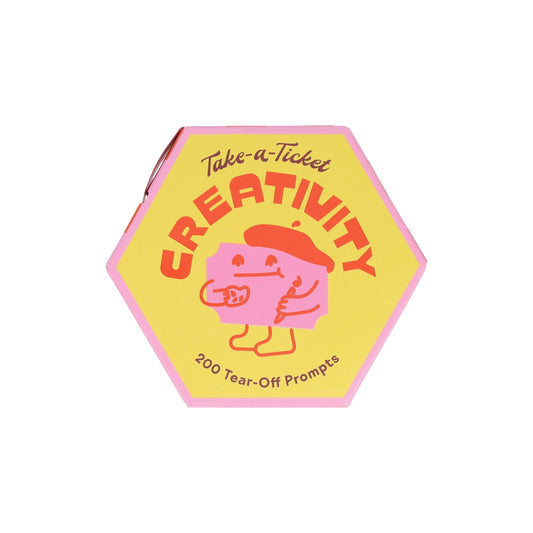 Take-a-Ticket: Creativity boxed set with 200 tear-off artist prompts and a cartoon figure on the packaging.