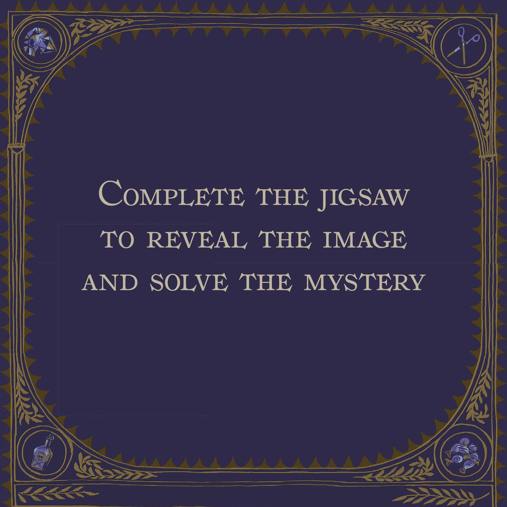 Solve the Murder Most Puzzling: Poisoned Patisserie 500-piece puzzle with clues on a dark, ornate background.