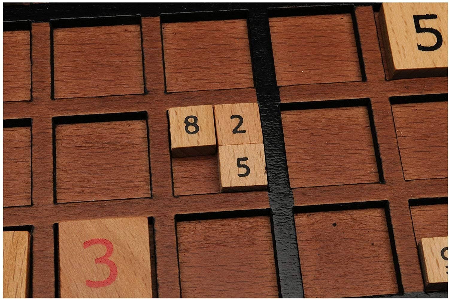 11.5 Walnut Stain Wooden Sudoku Board with empty and numbered squares; number tiles 8, 2, and 5 are placed on it.