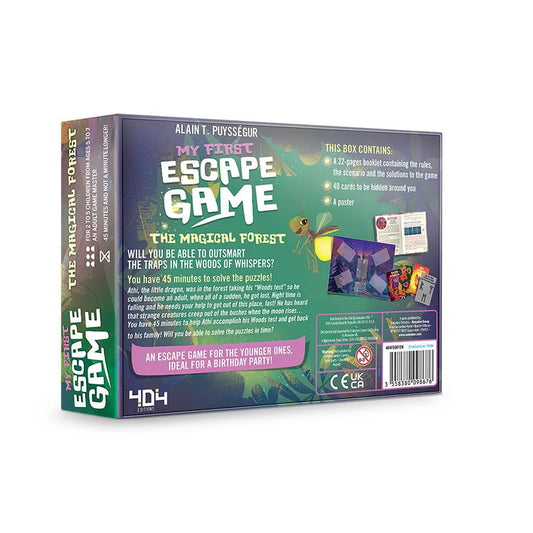 My First Escape Game box showing product details and contents listed on the back.