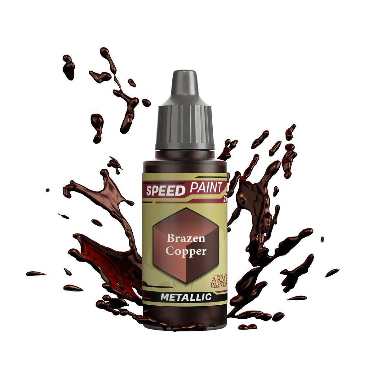 Army Painter Speedpaint Brazen Copper bottle with copper paint shown behind it for miniature painting.